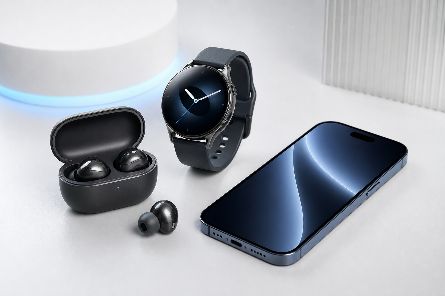 Smartphone, smartwatch, and earbuds on a desk